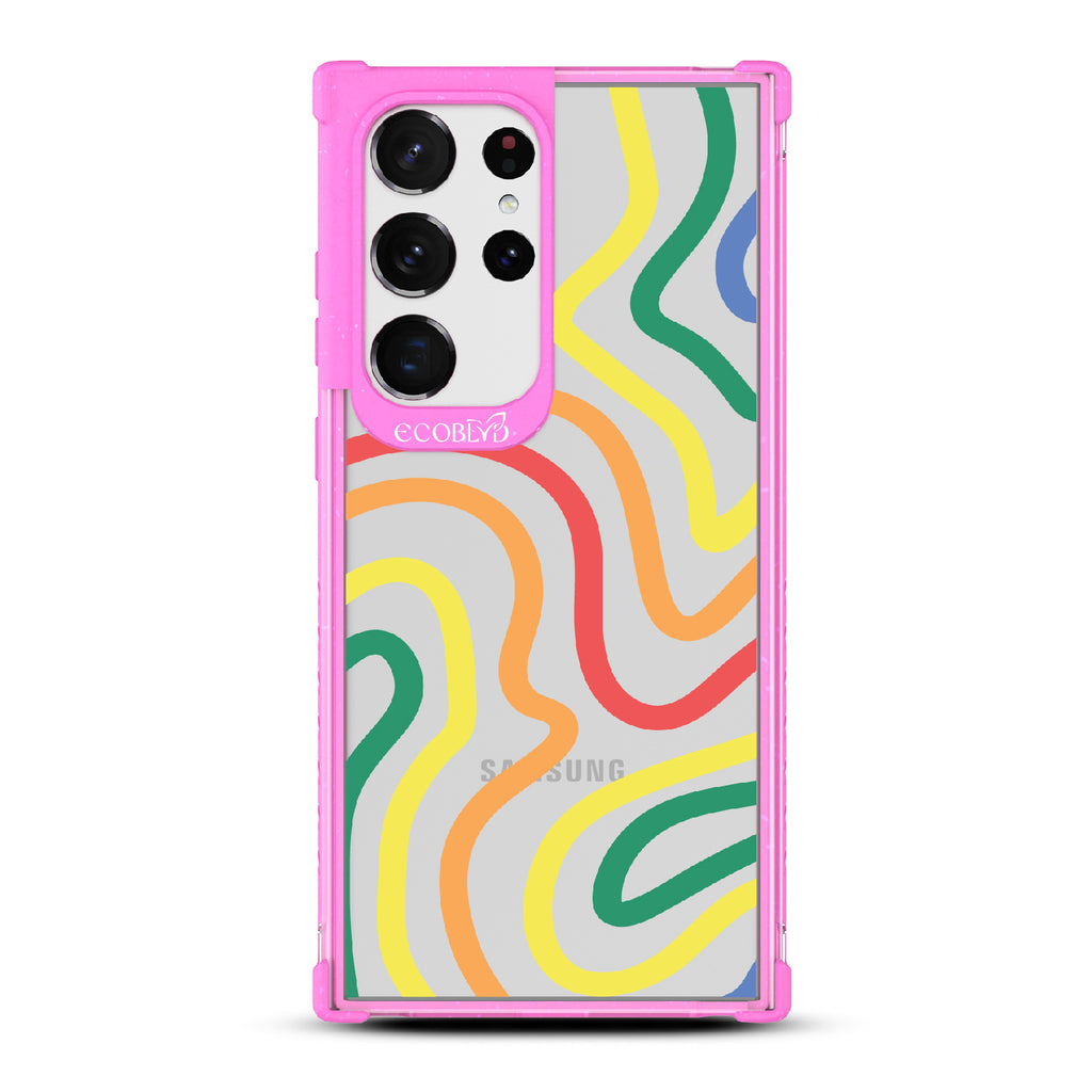 True Colors - Pink Eco-Friendly Galaxy S23 Ultra Case With Abstract Lines In Different Colors Of The Rainbow On A Clear Back