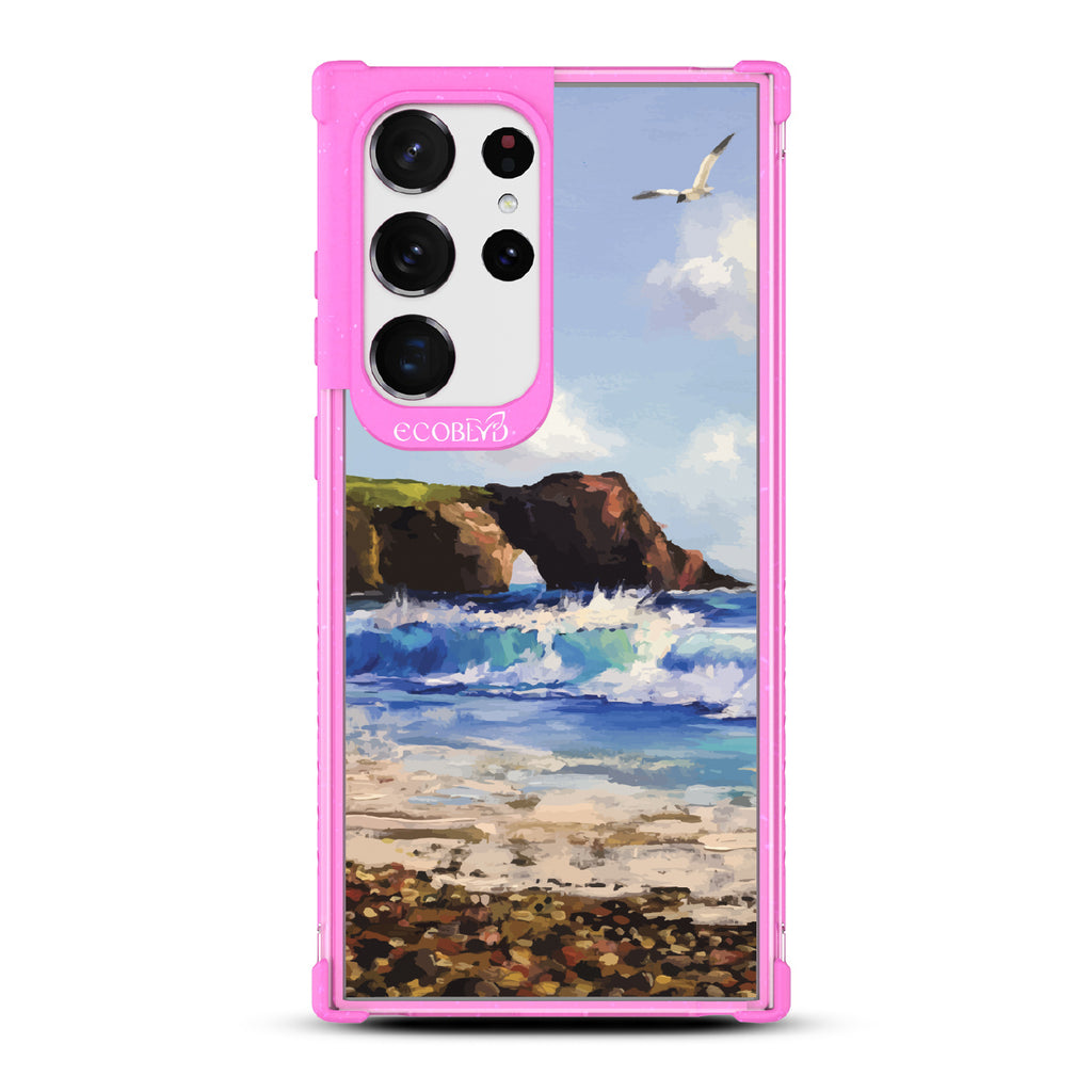 Samsung Galaxy S23 Ultra case, clear eco-friendly phone case with pink ridges, back view, Cliffhanger design
