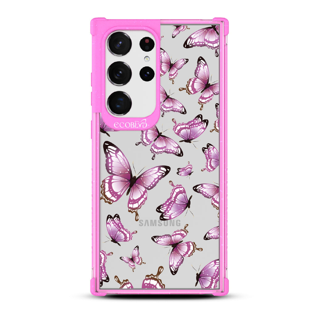 Social Butterfly - Pink Eco-Friendly Galaxy S23 Ultra Case With Pink Butterflies On A Clear Back - Compostable
