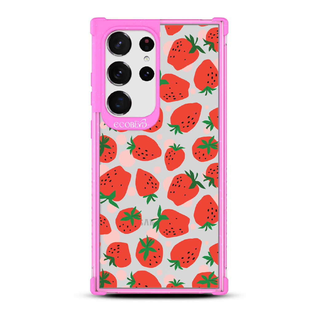 Strawberry Fields - Pink Eco-Friendly Galaxy S23 Ultra Case With Strawberries On A Clear Back