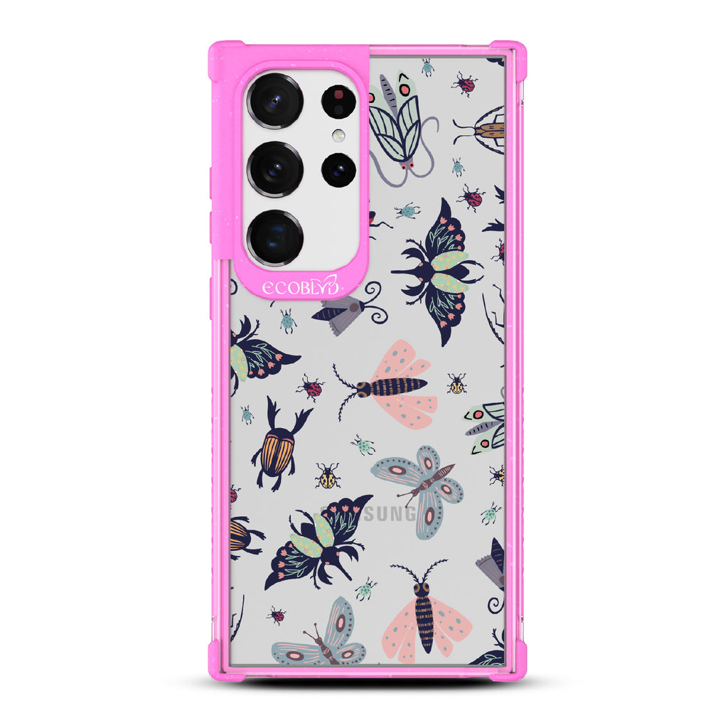 Bug Out - Pink Eco-Friendly Galaxy S23 Ultra Case With Butterflies, Moths, Dragonflies, And Beetles On A Clear Back