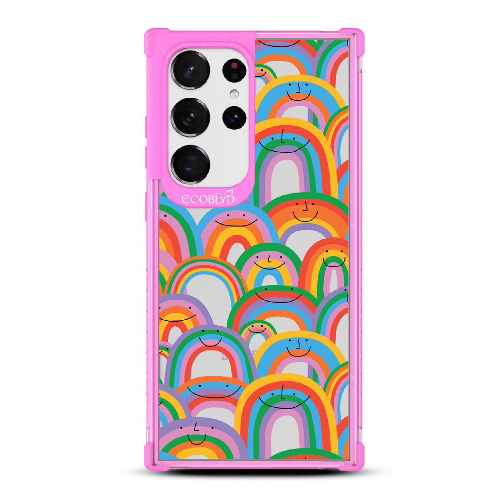 Prideful Smiles - Pink Eco-Friendly Galaxy S23 Ultra Case With Rainbows That Have Smiley Faces On A Clear Back