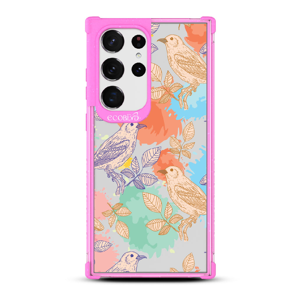 Perch Perfect - Pink Eco-Friendly Galaxy S23 Ultra Case With Birds On Branches & Splashes Of Color On A Clear Back