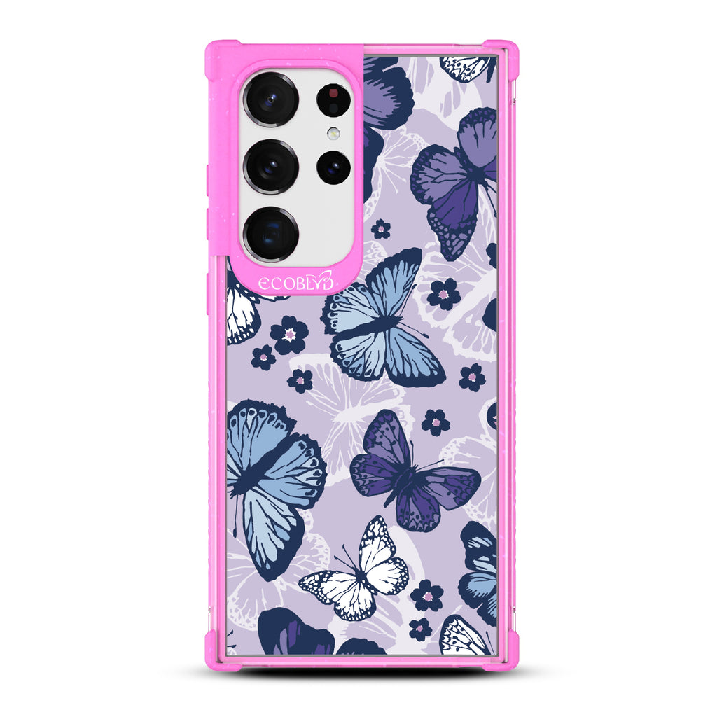 Deja Vu - Pink Eco-Friendly Galaxy S23 Ultra Case With Blue, White, Purple Butterflies & Flowers On A Purple / Clear Back