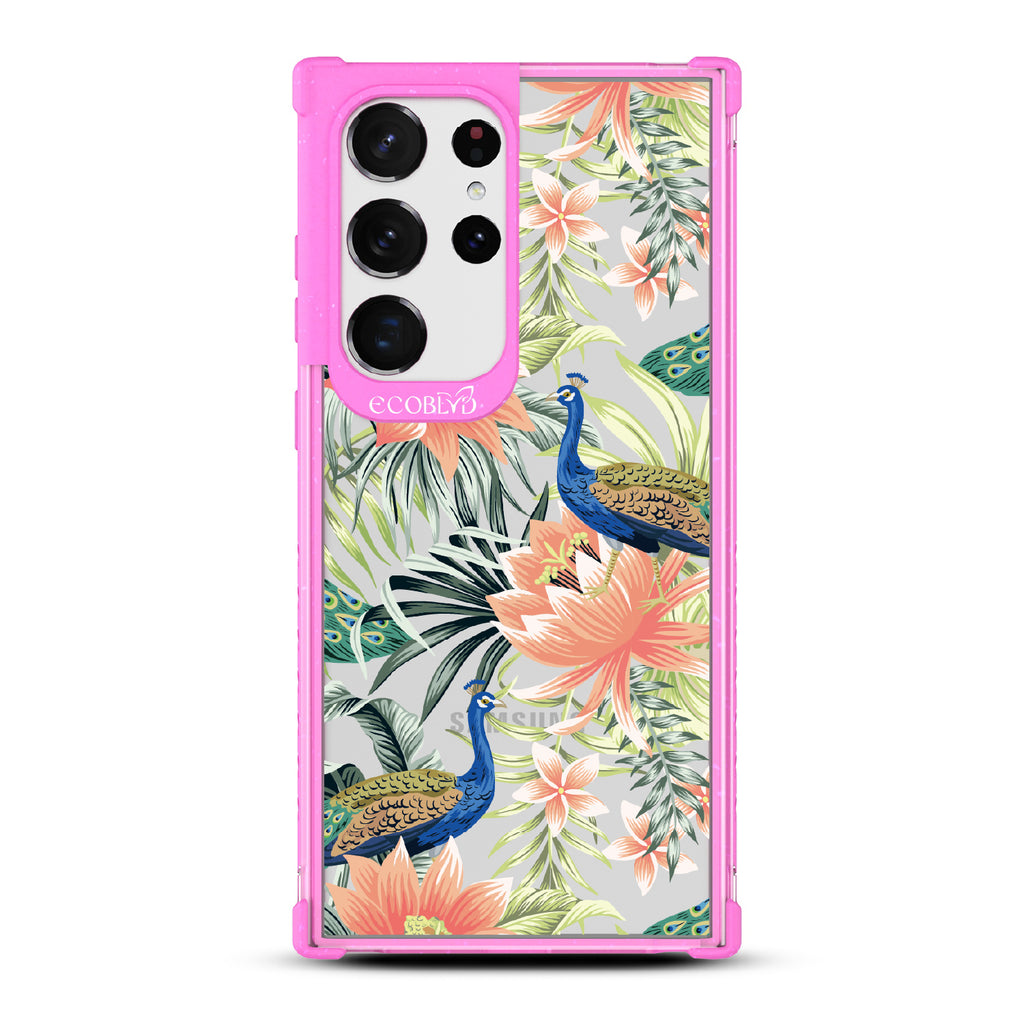  Peacock Palace - Pink Eco-Friendly Galaxy S23 Ultra Case With Peacocks + Colorful Tropical Fauna On A Clear Back