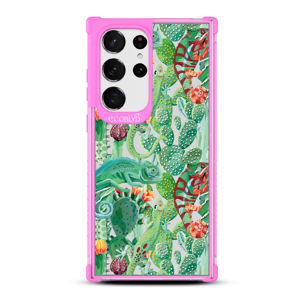 In Plain Sight - Pink Eco-Friendly Galaxy S23 Ultra Case With Chameleons On Cacti On A Clear Back