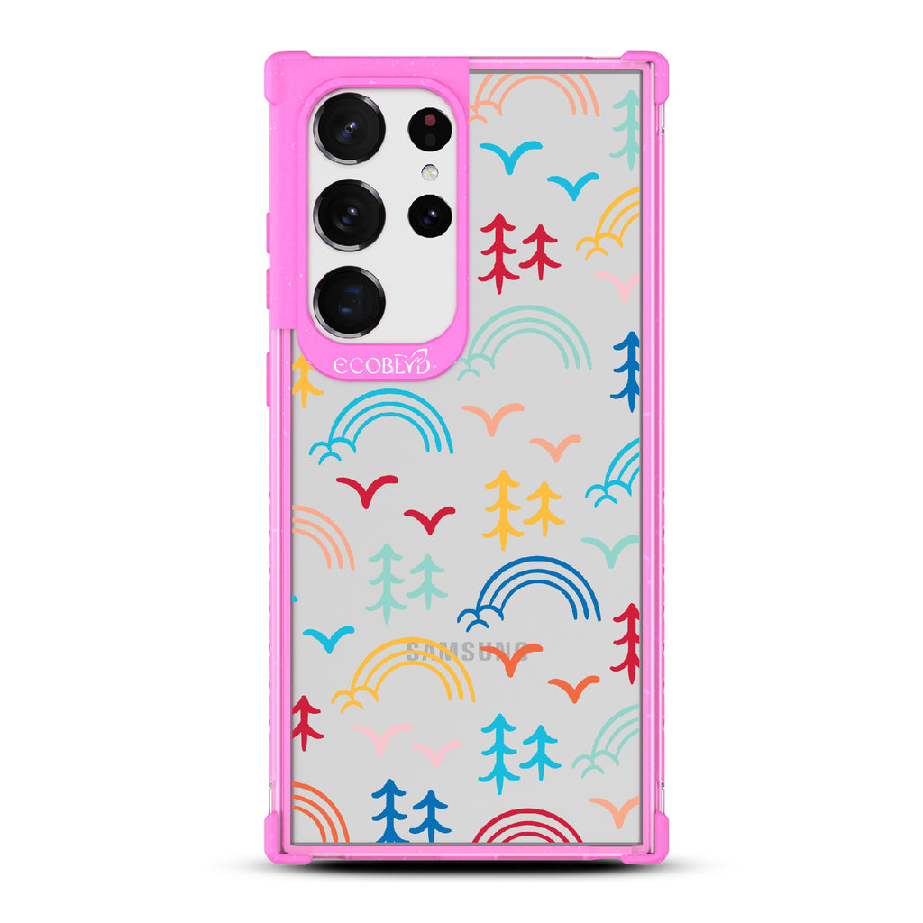 Happy Camper X Brave Trails - Pink Eco-Friendly Galaxy S23 Ultra Case with Minimalist Trees, Birds, Rainbows On A Clear Back
