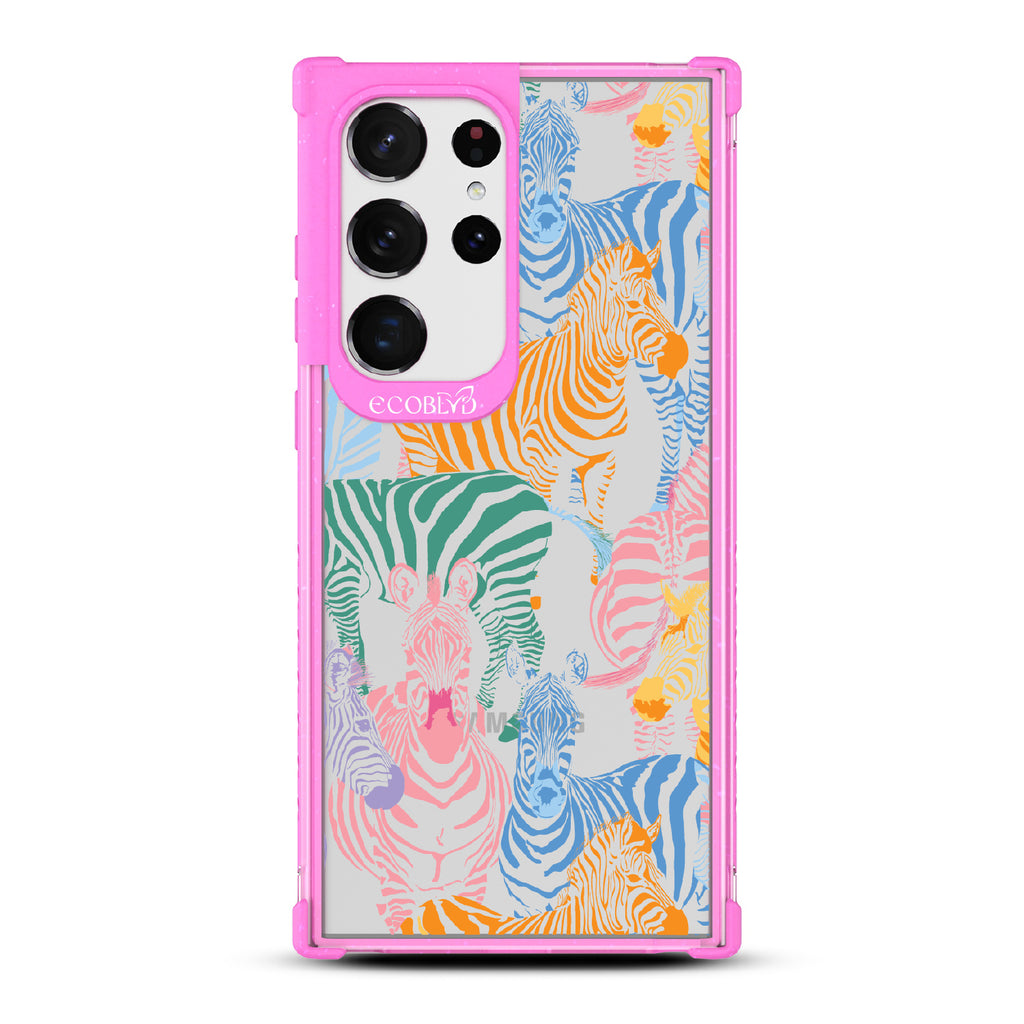 Colorful Herd - Pink Eco-Friendly Galaxy S23 Ultra Case With Zebras in Multiple Colors On A Clear Back