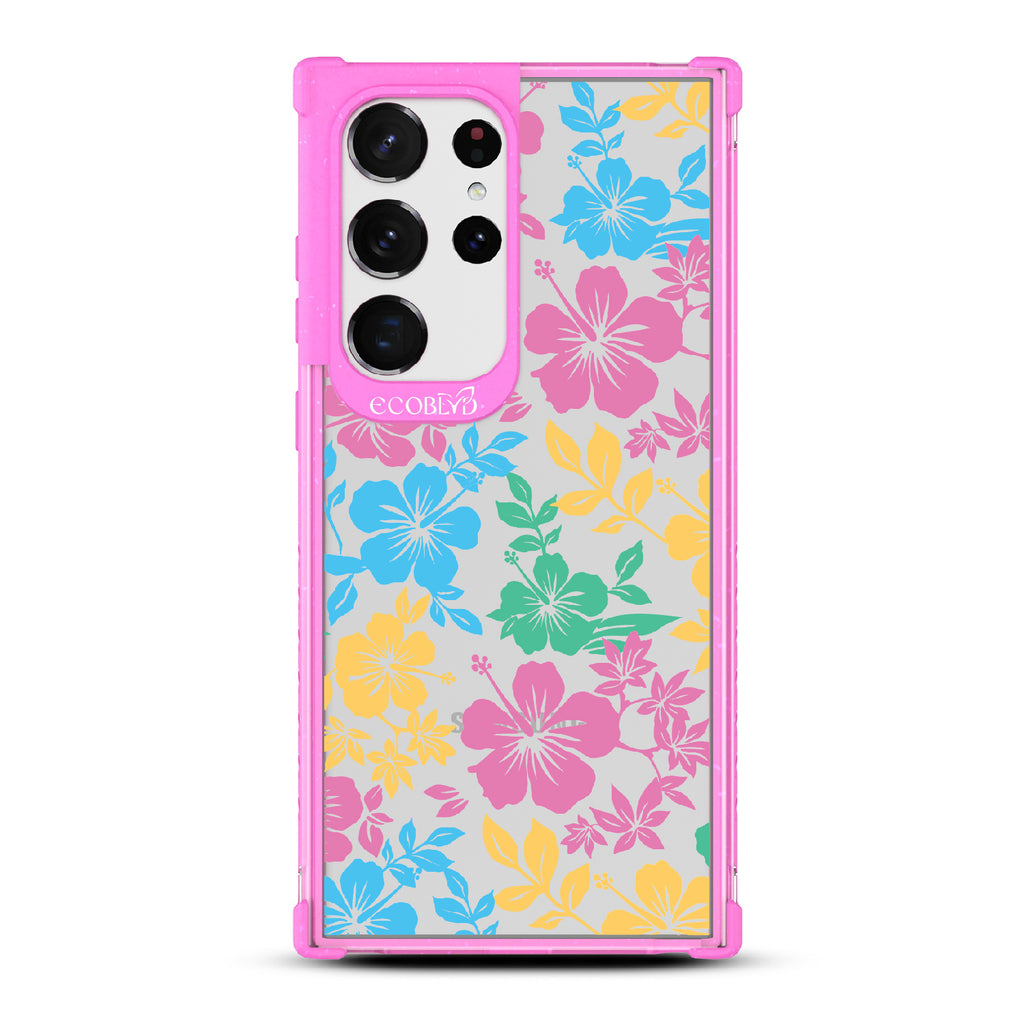 Lei'd Back - Pink Eco-Friendly Galaxy S23 Ultra Case With Colorful Hawaiian Hibiscus Floral Print On A Clear Back