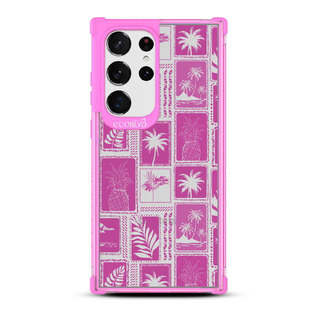 Oasis - Pink Eco-Friendly Galaxy S23 Ultra Case With Tropical Shirt Palm Trees & Pineapple Print On A Clear Back