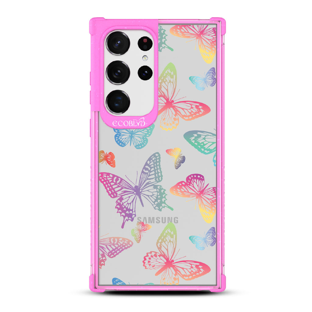 Butterfly Effect - Pink Eco-Friendly Galaxy S23 Ultra Case With Multi-Colored Neon Butterflies On A Clear Back