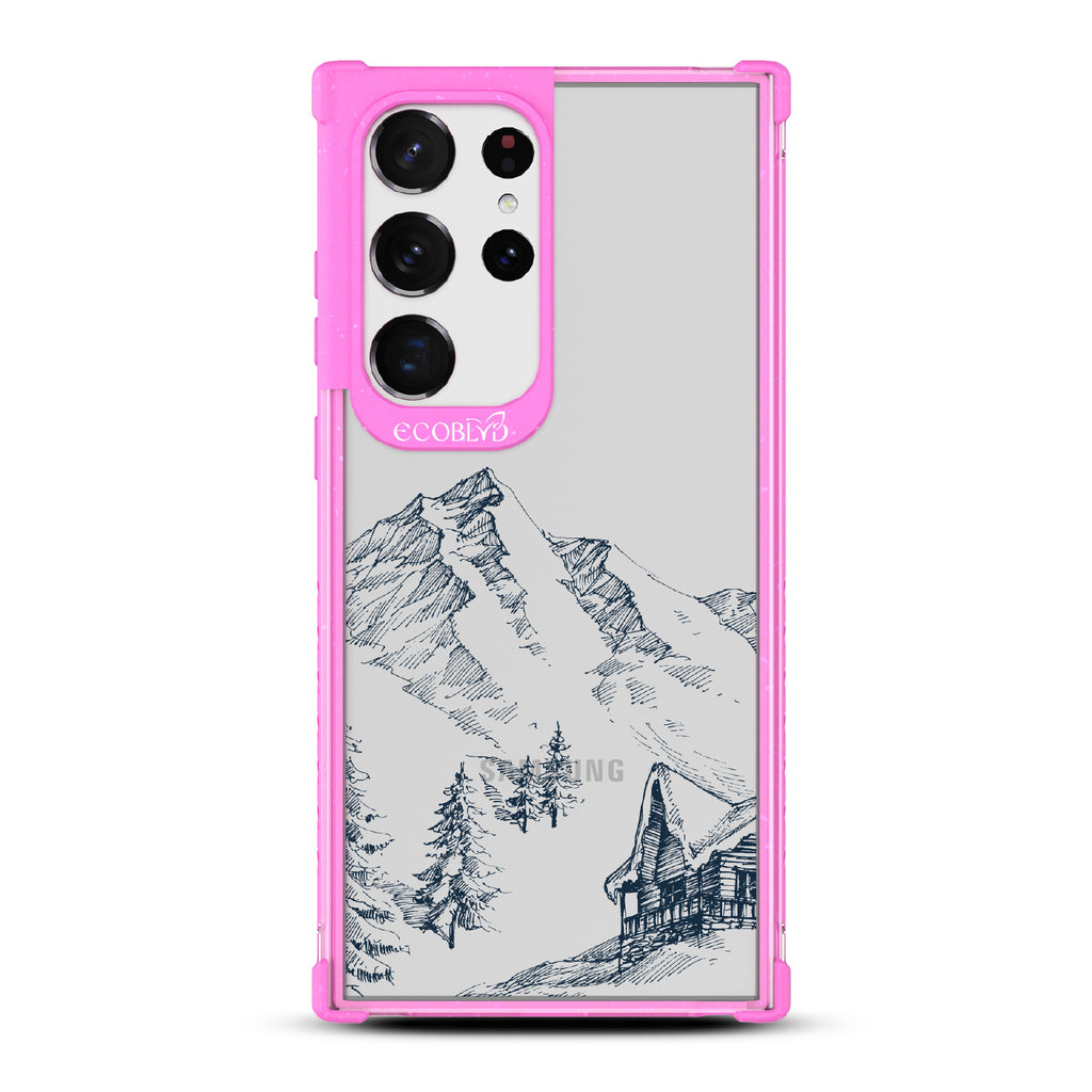 Cabin Retreat - Pink Eco-Friendly Galaxy S23 Ultra Case with Mountainside Cabin On A Clear Back