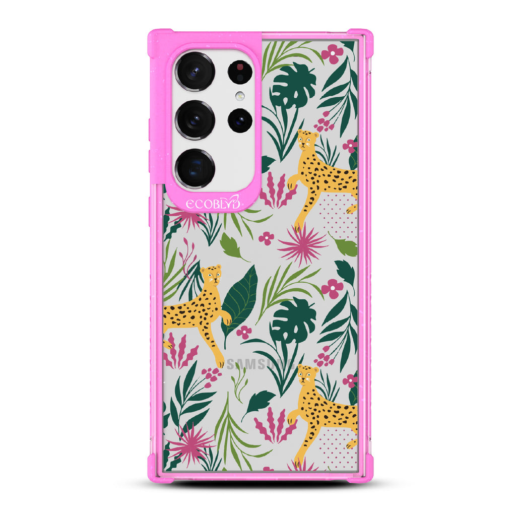 Jungle Boogie - Pink Eco-Friendly Galalxy S23 Ultra Case With Cheetahs Among Lush Colorful Jungle Foliage On A Clear Back