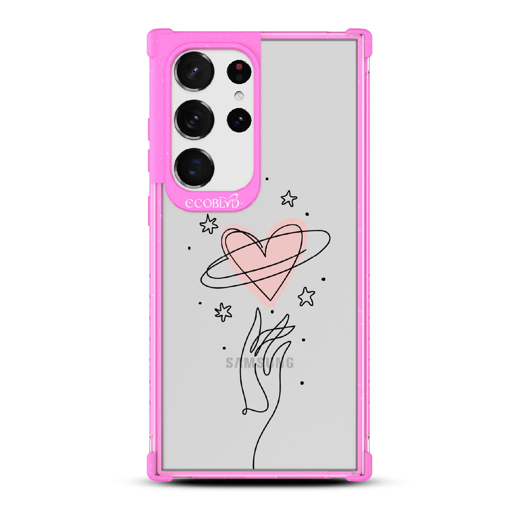 Be Still My Heart - Pink Eco-Friendly Galaxy S23 Ultra Case with Hand Reaching For Pink Heart On A Clear Back