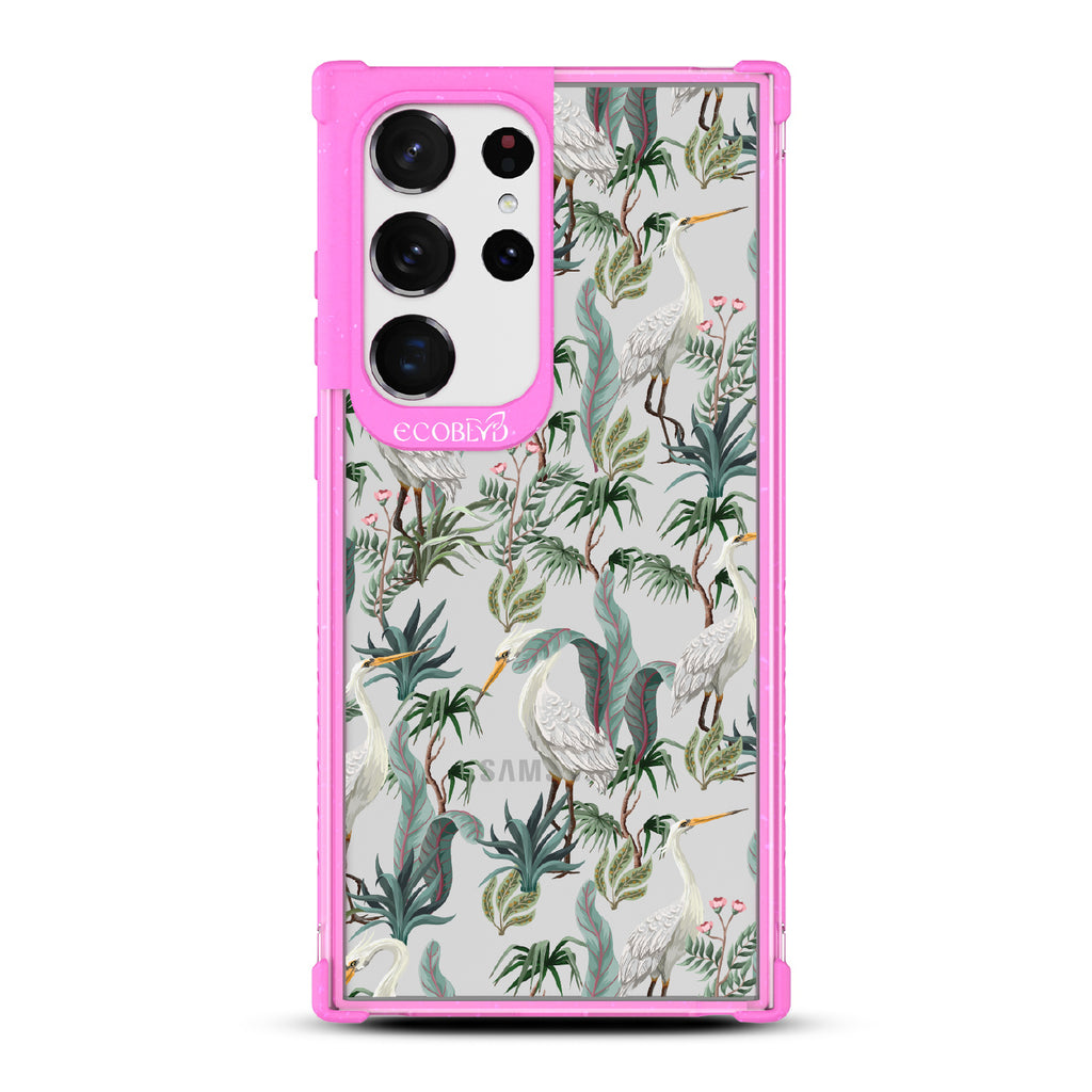 Flock Together - Pink Eco-Friendly Galaxy S23 Ultra Case With Herons & Peonies On A Clear Back