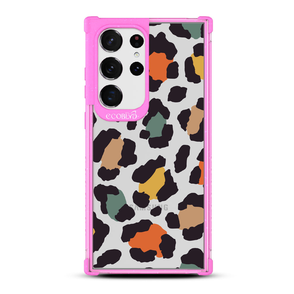 Cheetahlicious - Pink Eco-Friendly Galaxy S23 Ultra Case With Multi-Colored Cheetah Print On A Clear Back