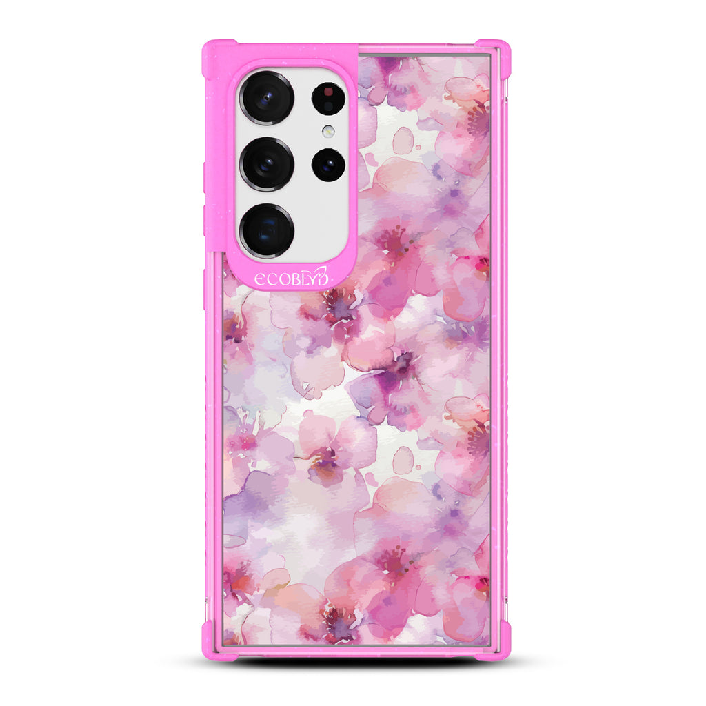 Samsung Galaxy S23 Ultra case, clear eco-friendly phone case with pink ridges, back view, Rosewater design
