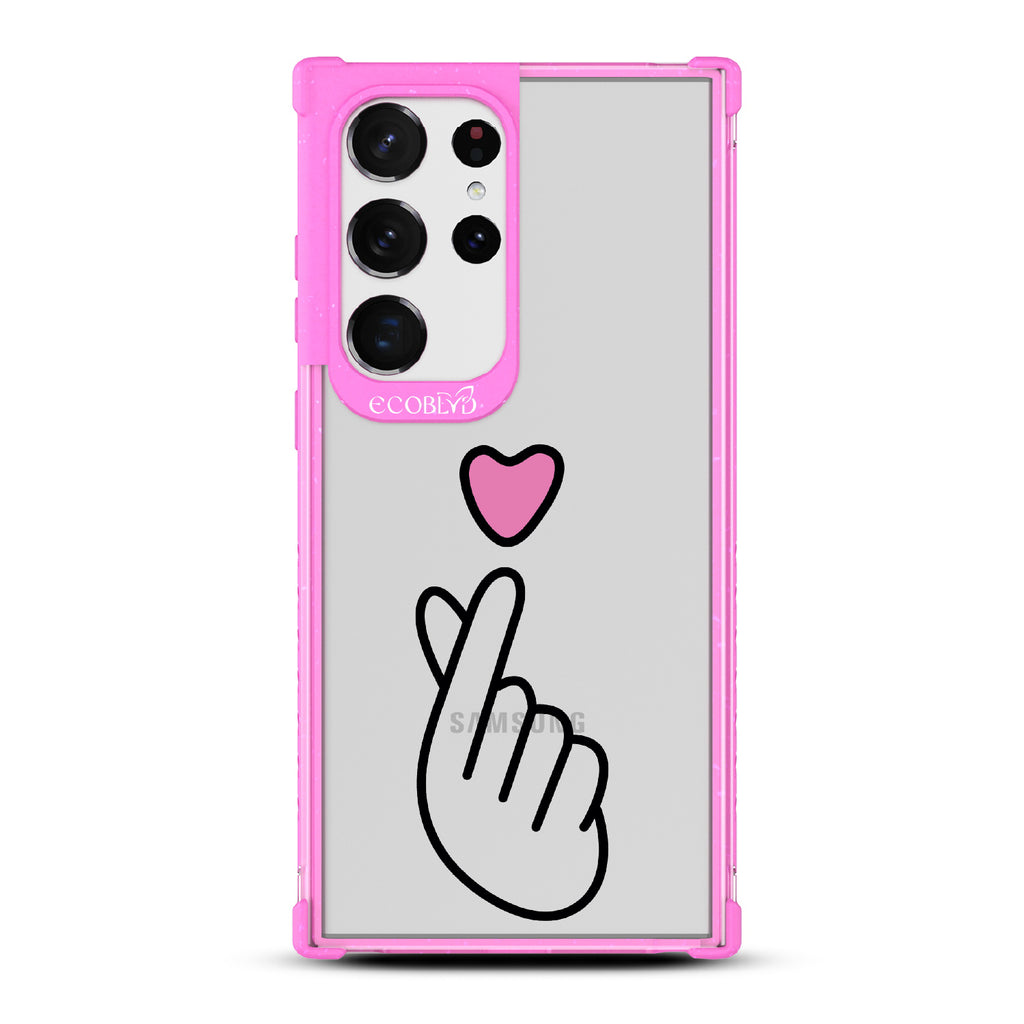 Finger Heart - Pink Eco-Friendly Galaxy S23 Ultra Case With Pink Heart Above Finger Heart Gesture On A Clear Back