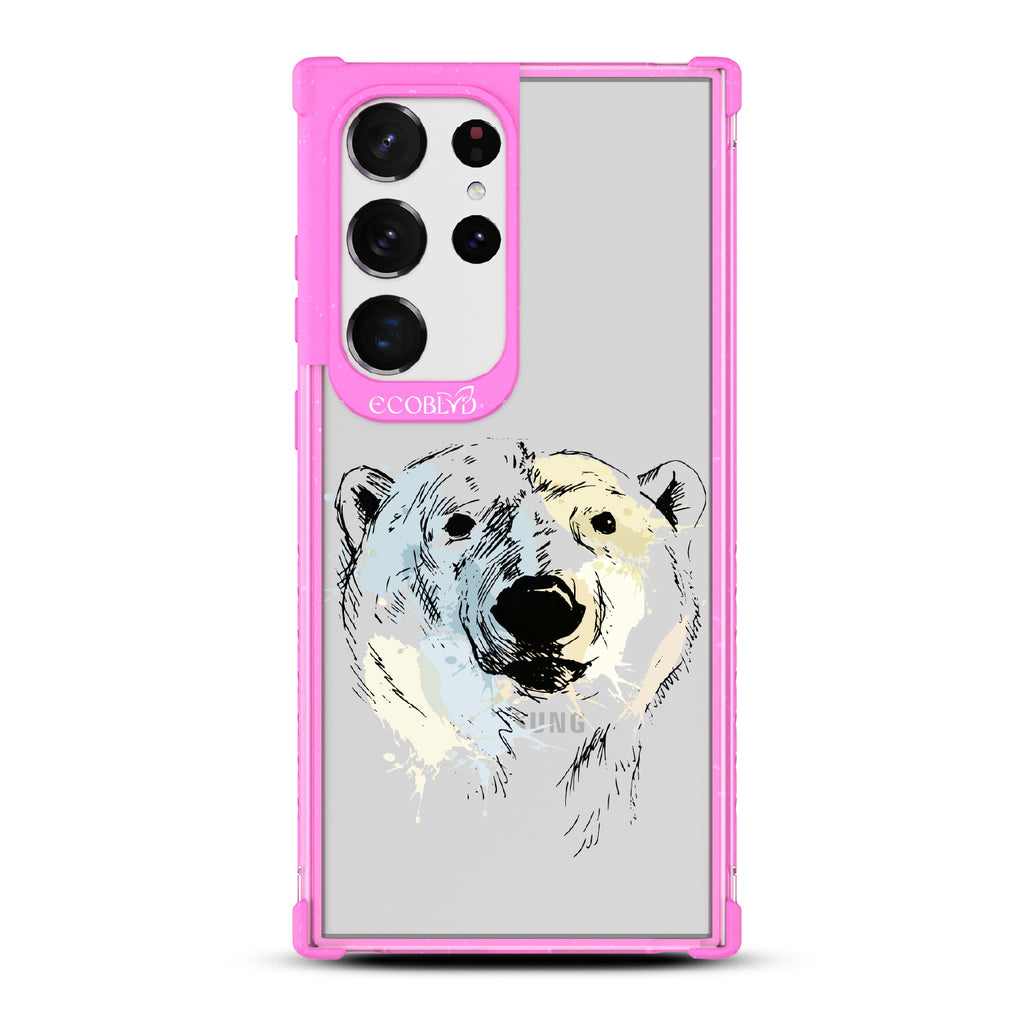 Polar Bear - Pink Eco-Friendly Galaxy S23 Ultra Case With An Illustrated Polar Bear Face On A Clear Back