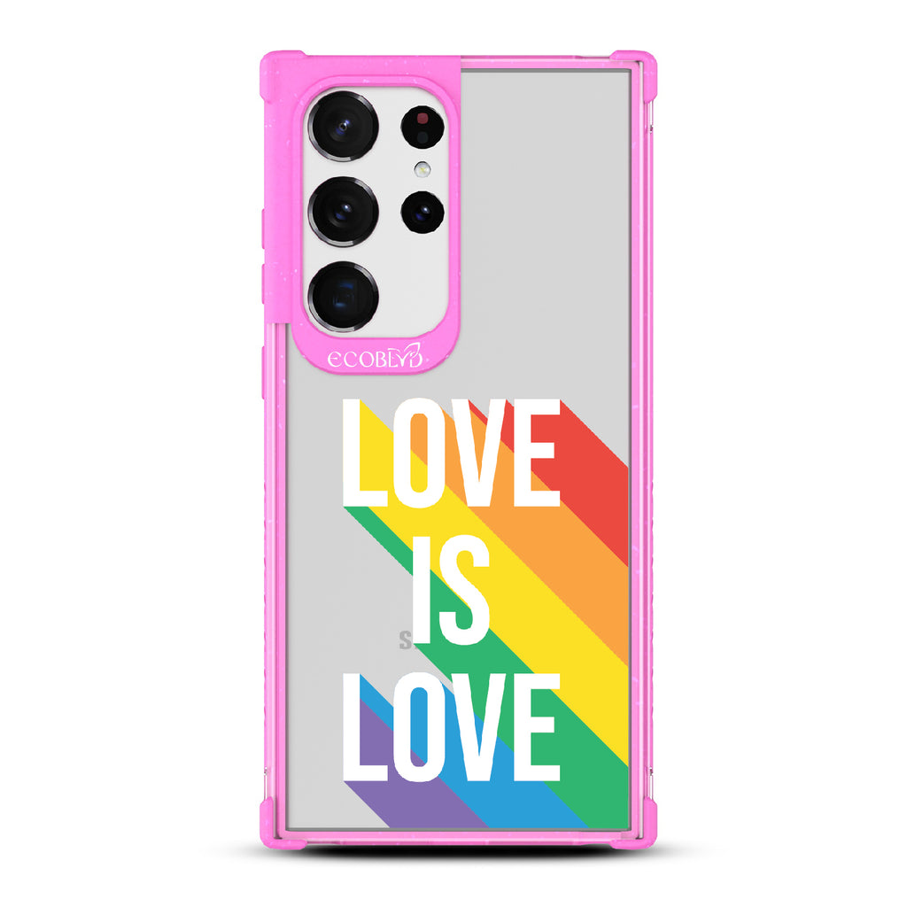  Spectrum Of Love - Pink Eco-Friendly Galaxy S23 Ultra Case With Love Is Love + Rainbow Gradient Shadow On A Clear Back