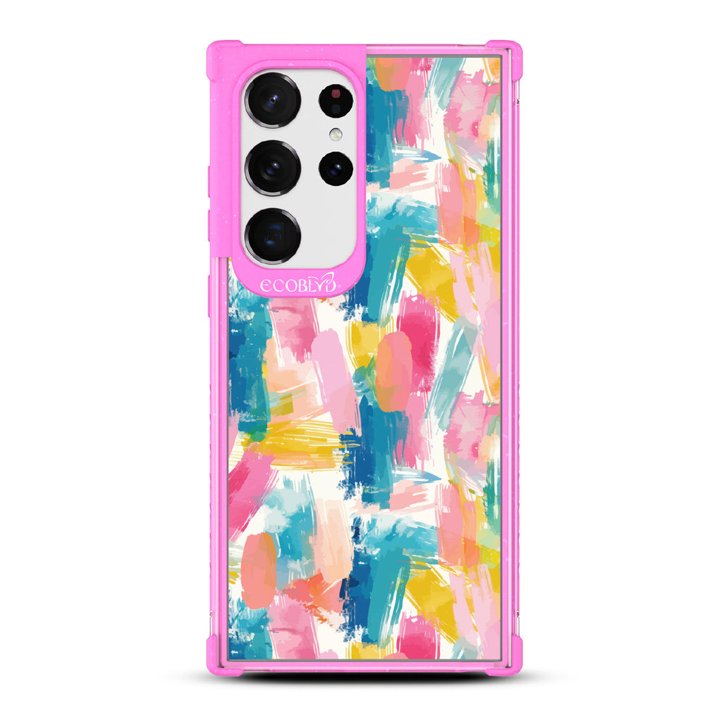 Samsung Galaxy S23 Ultra case, clear eco-friendly phone case with pink ridges, back view, Blurred Beauty design