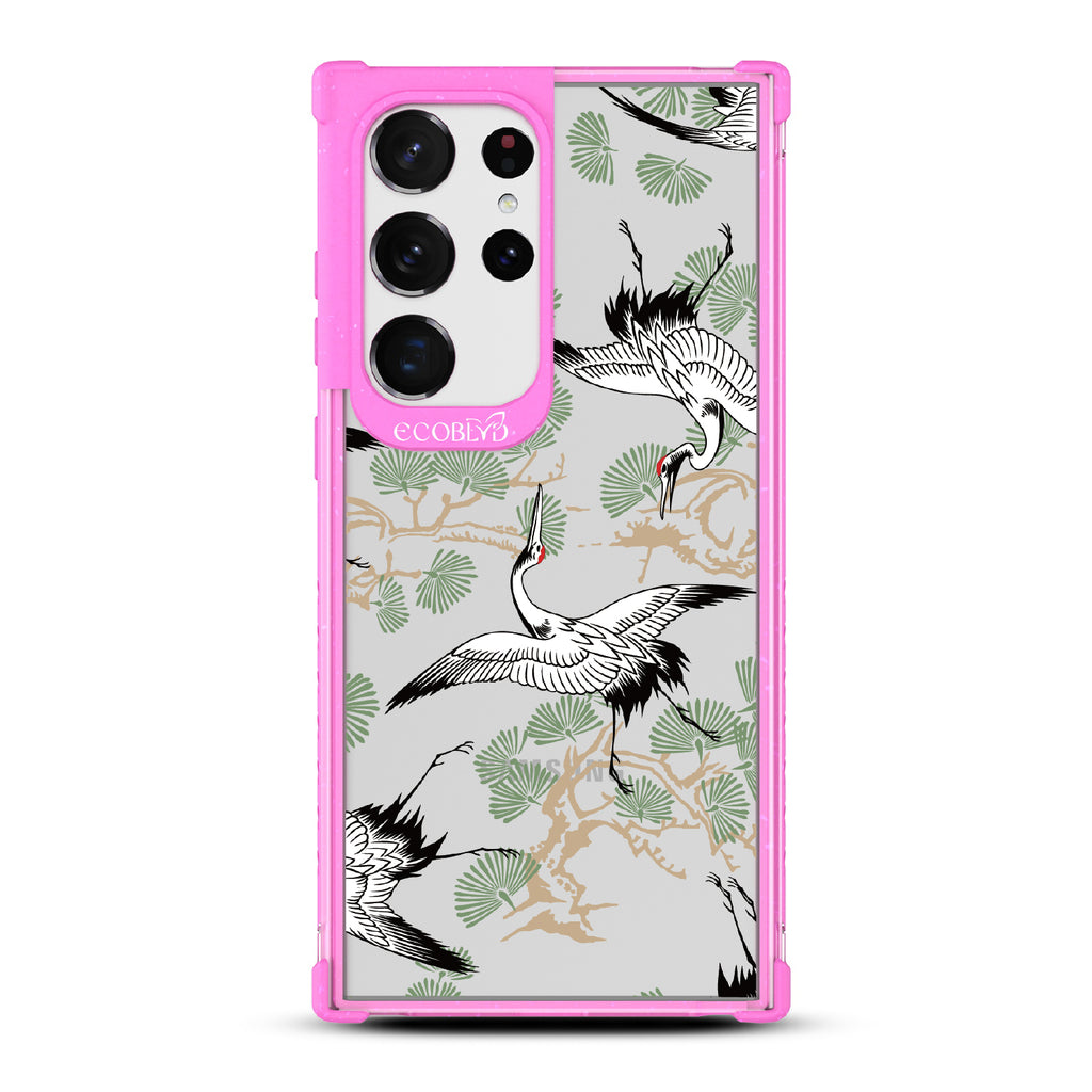 Graceful Crane - Pink Eco-Friendly Galaxy S23 Ultra Case With Japanese Cranes Atop Branches On A Clear Back
