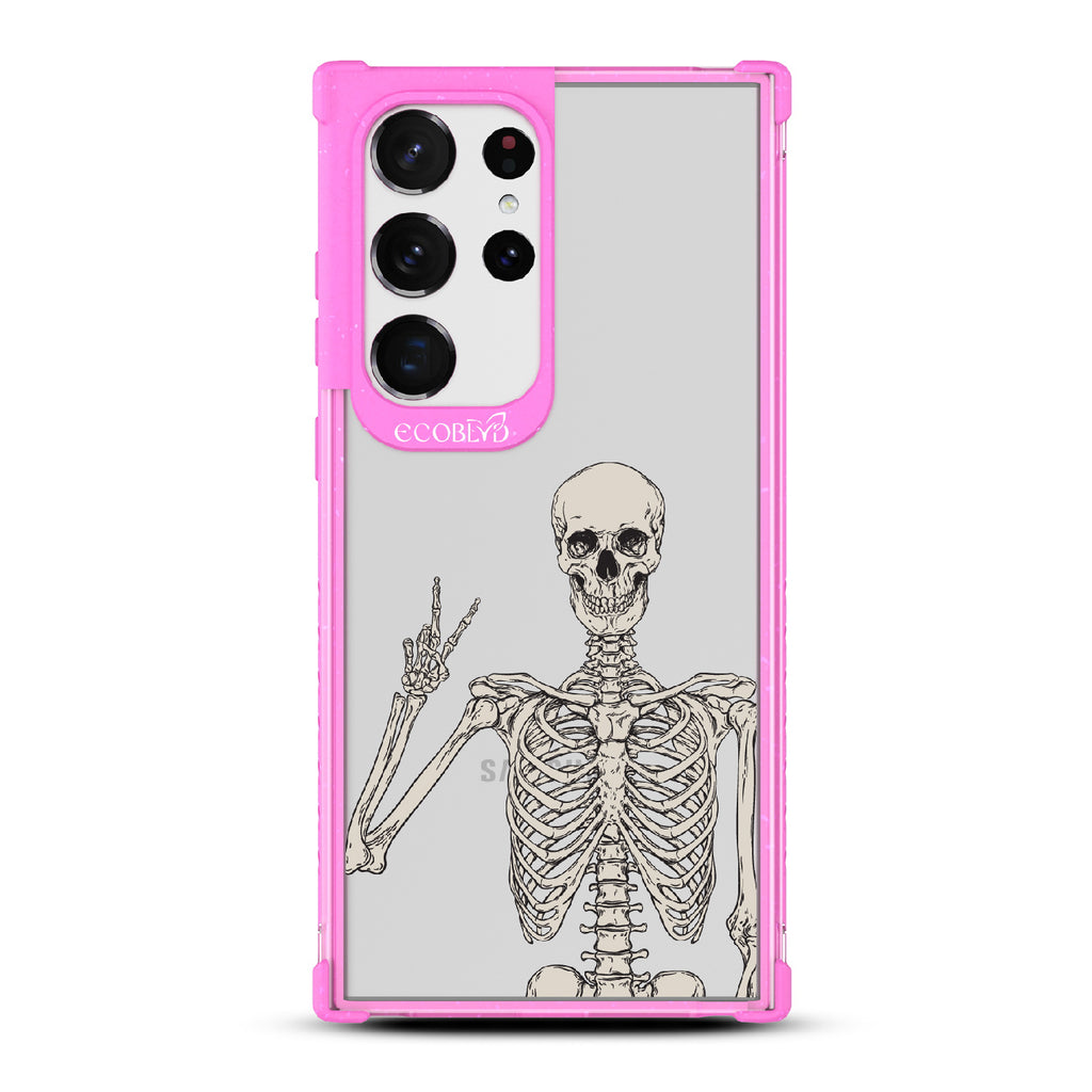 Creepin??????It Real - Pink Eco-Friendly Galaxy S23 Ultra Case With Skeleton Giving A Peace Sign On A Clear Back