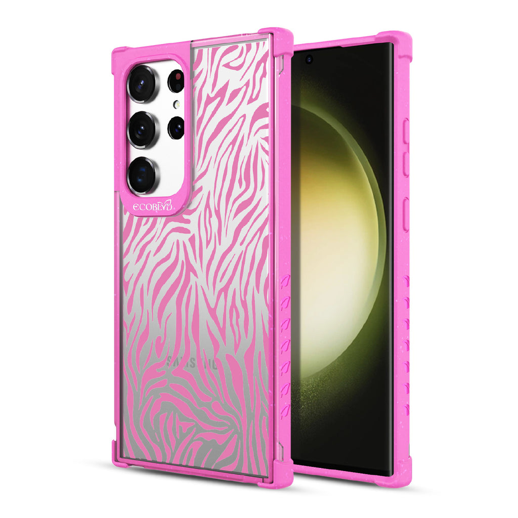 Zebra Print - Back View Of Pink & Clear Eco-Friendly Galaxy S23 Ultra Case & A Front View Of The Screen