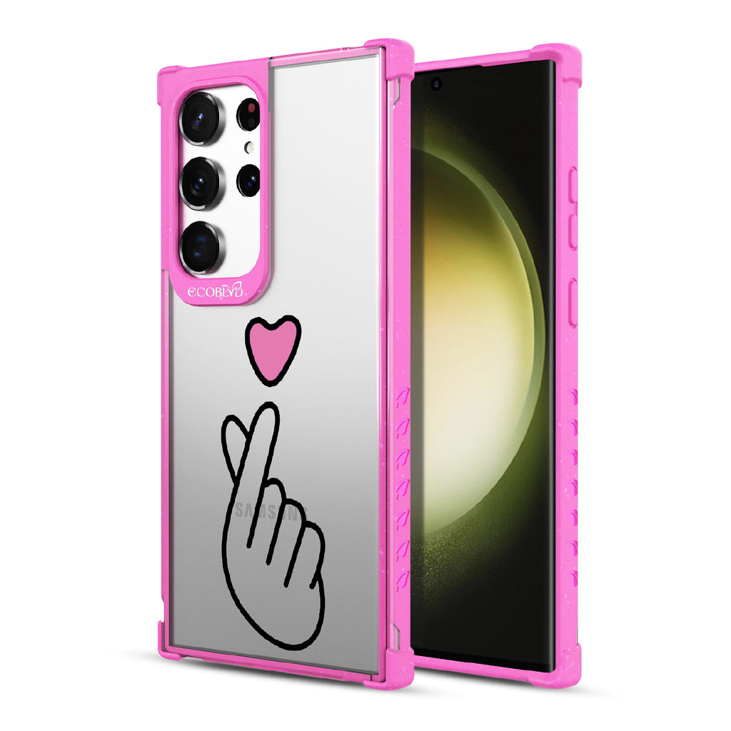 Finger Heart - Back View Of Pink & Clear Eco-Friendly Galaxy S23 Ultra Case & A Front View Of The Screen