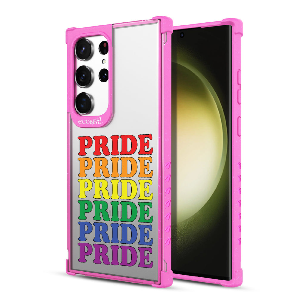 Pride Camp - Back View Of Pink & Clear Eco-Friendly Galaxy S23 Ultra Case & A Front View Of The Screen