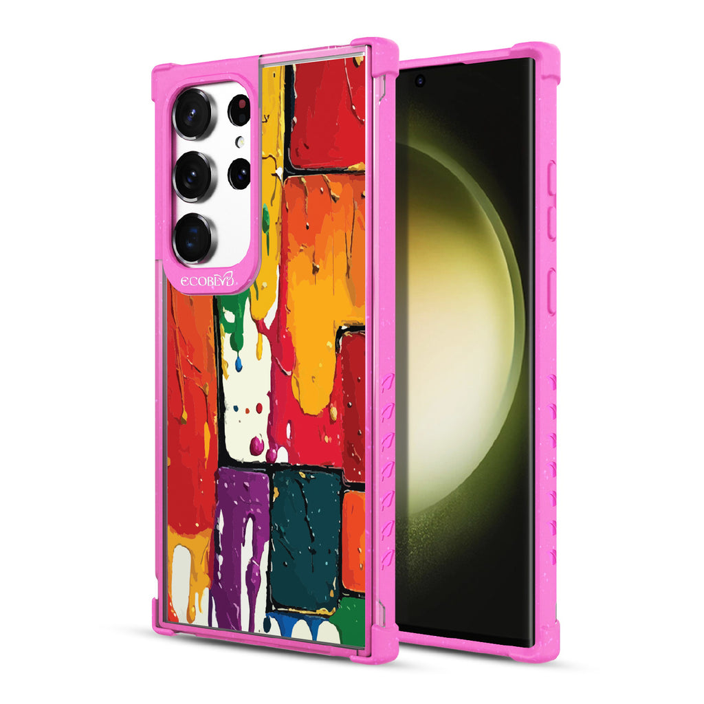 Front and back view of Samsung Galaxy S23 Ultra case, clear compostable phone case with pink ridges, Color Me Mine design