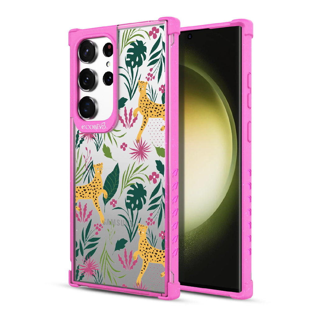 Jungle Boogie - Back View Of Pink & Clear Eco-Friendly Galaxy S23 Ultra Case & A Front View Of The Screen