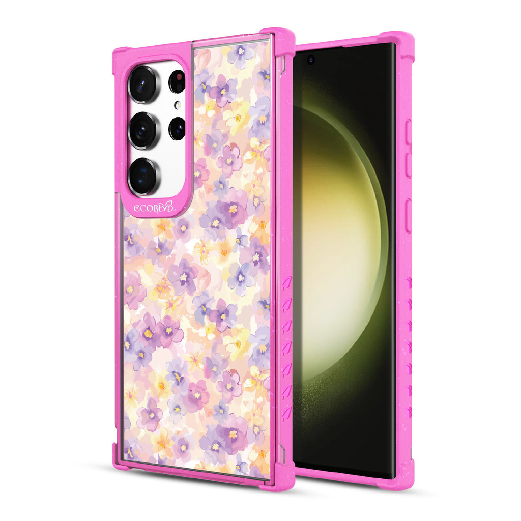 Front and back view of Samsung Galaxy S23 Ultra case, clear compostable phone case with pink ridges, Flowering Thoughts design