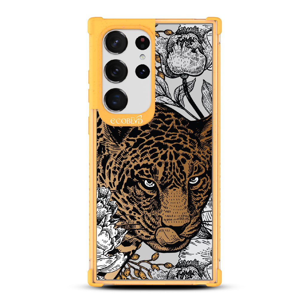 Purrfectly Striking - Yellow Eco-Friendly Galaxy S23 Ultra Case With Leopard, Black/Grey Flowers On A Clear Back