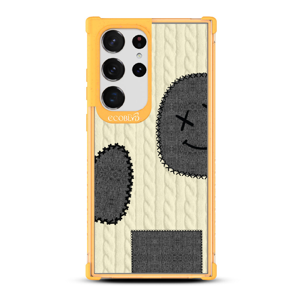 All Patched Up - Cable Knit With Patches of Heart + Happy Face - Eco-Friendly Clear Samsung Galaxy S23 Ultra Case With Yellow Rim