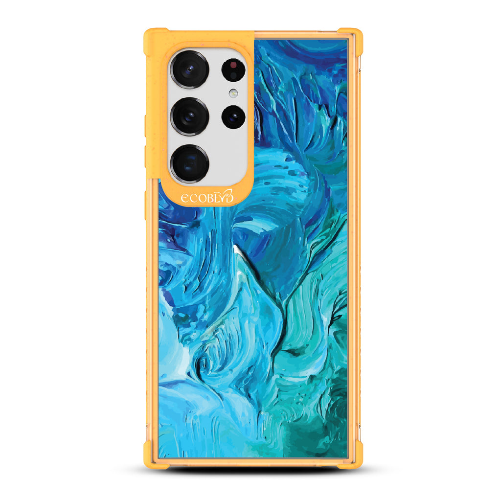 Samsung Galaxy S23 Ultra case, clear eco-friendly phone case with yellow ridges, back view, Oceanswept design