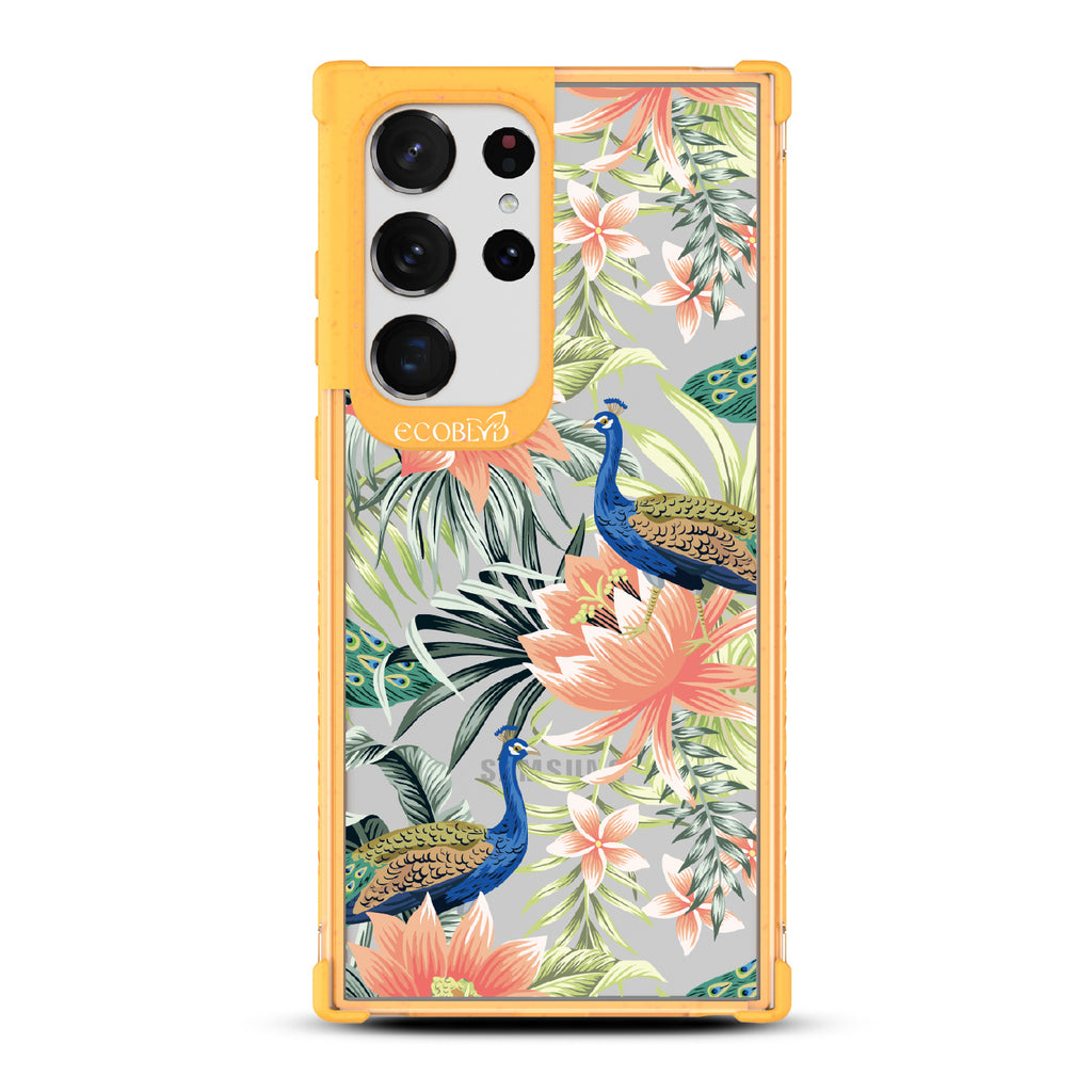 Peacock Palace - Yellow Eco-Friendly Galaxy S23 Ultra Case With Peacocks + Colorful Tropical Fauna On A Clear Back