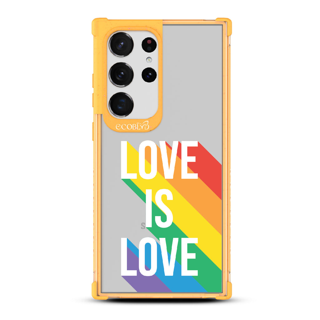 Spectrum Of Love - Yellow Eco-Friendly Galaxy S23 Ultra Case With Love Is Love + Rainbow Gradient Shadow On A Clear Back