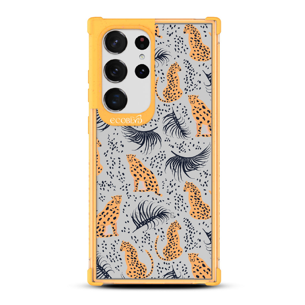 Feline Fierce - Yellow Eco-Friendly Galaxy S23 Ultra Case With Minimalist Cheetahs With Spots and Reeds On A Clear Back