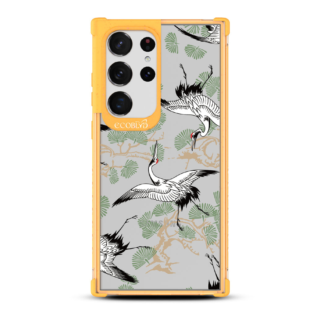 Graceful Crane - Yellow Eco-Friendly Galaxy S23 Ultra Case With Japanese Cranes Atop Branches On A Clear Back