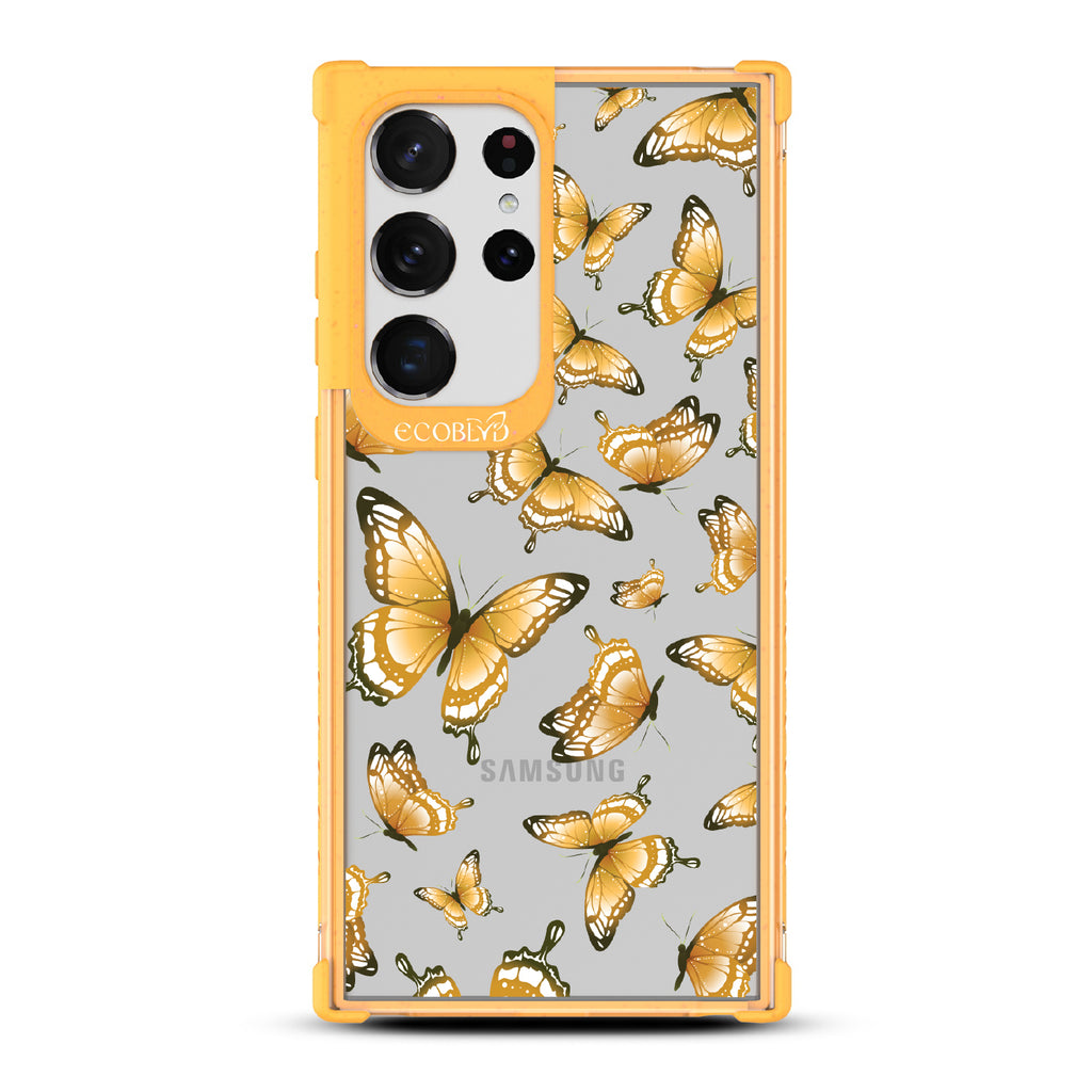 Social Butterfly - Yellow Eco-Friendly Galaxy S23 Ultra Case With Yellow Butterflies On A Clear Back - Compostable