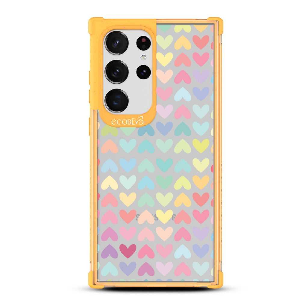 Love Is Love - Yellow Eco-Friendly Galaxy S23 Ultra Case With A Pastel Rainbow Hearts Pattern On A Clear Back
