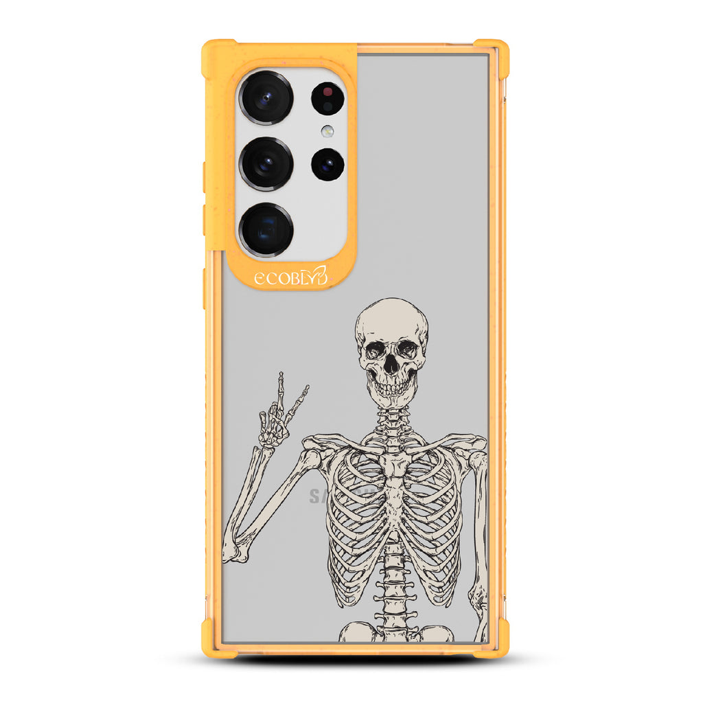 Creepin??????It Real - Yellow Eco-Friendly Galaxy S23 Ultra Case With Skeleton Giving A Peace Sign On A Clear Back