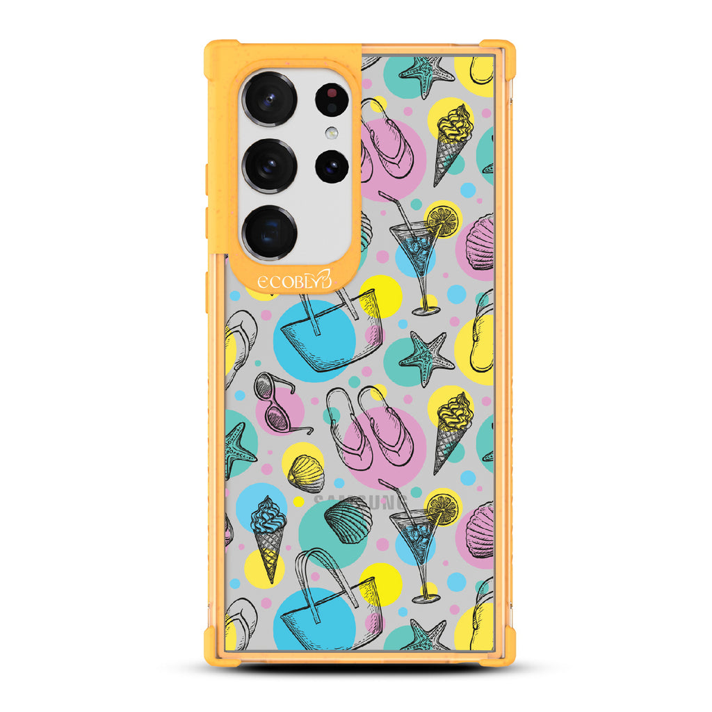 Beach Please - Yellow Eco-Friendly Galaxy S23 Ultra Case With Sandals, Sunglasses, Beach Tote, Ice Cream & More On A Clear Back