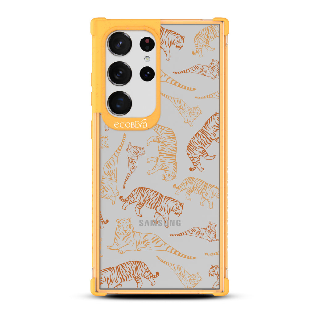 Tiger Pride - Yellow Eco-Friendly Galaxy S23 Ultra Case With Orange / Yellow Tiger Outlines On A Clear Back
