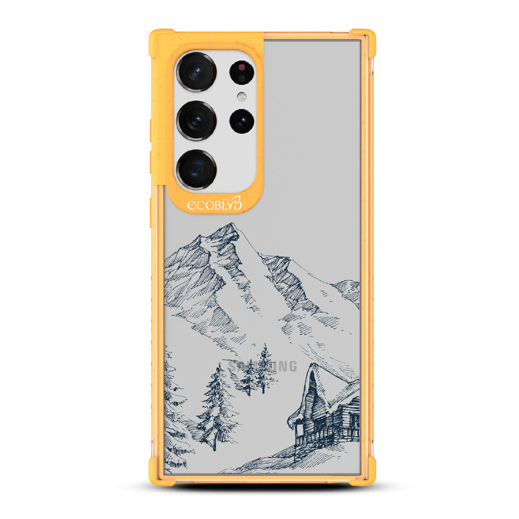 Cabin Retreat - Yellow Eco-Friendly Galaxy S23 Ultra Case with Mountainside Cabin On A Clear Back