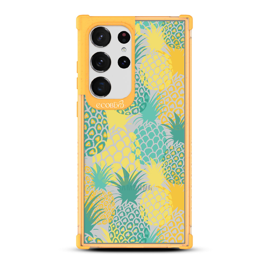 Pineapple Breeze - Yellow Eco-Friendly Galaxy S23 Ultra Case With Tropical Colored Pineapples On A Clear Back