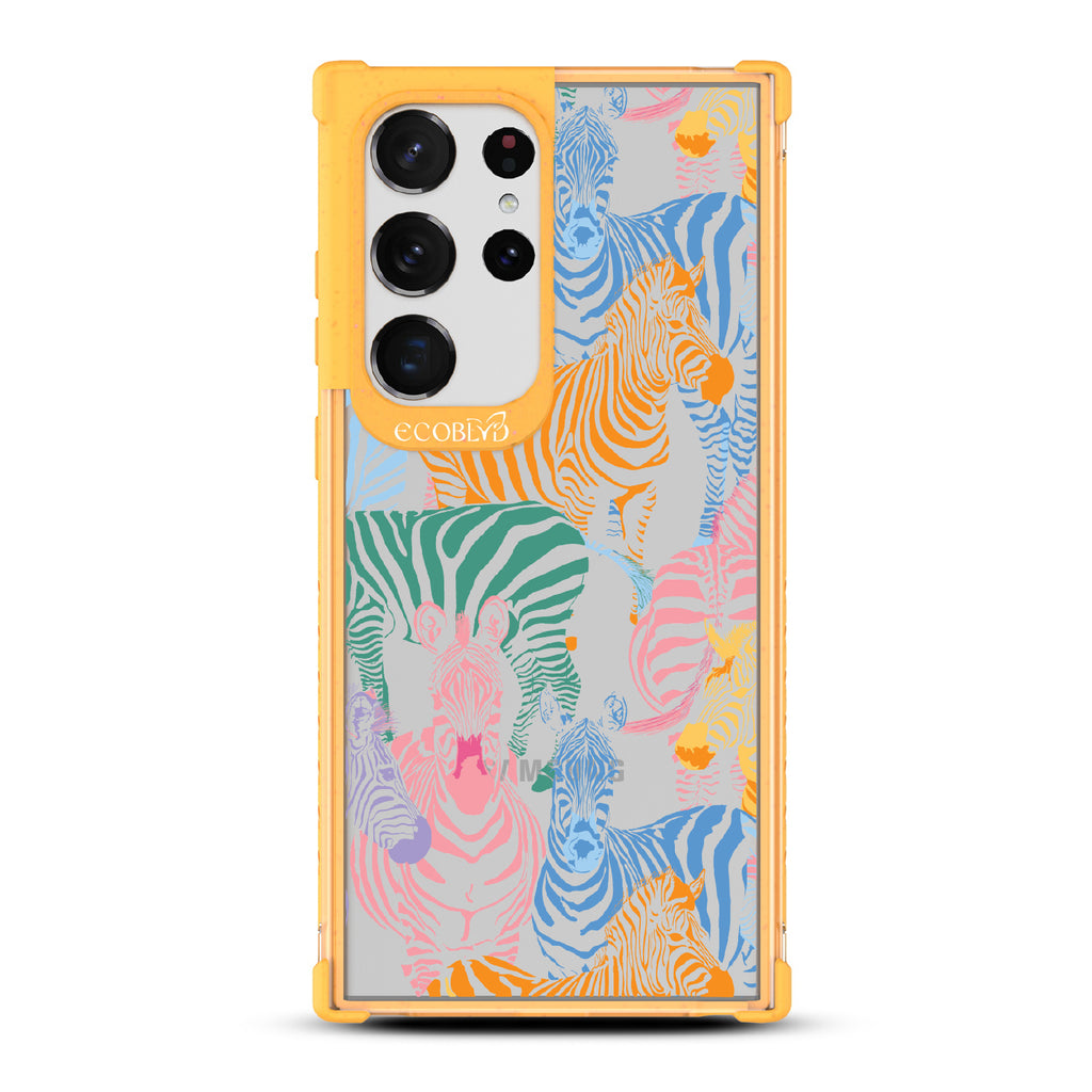 Colorful Herd - Yellow Eco-Friendly Galaxy S23 Ultra Case With Zebras in Multiple Colors On A Clear Back