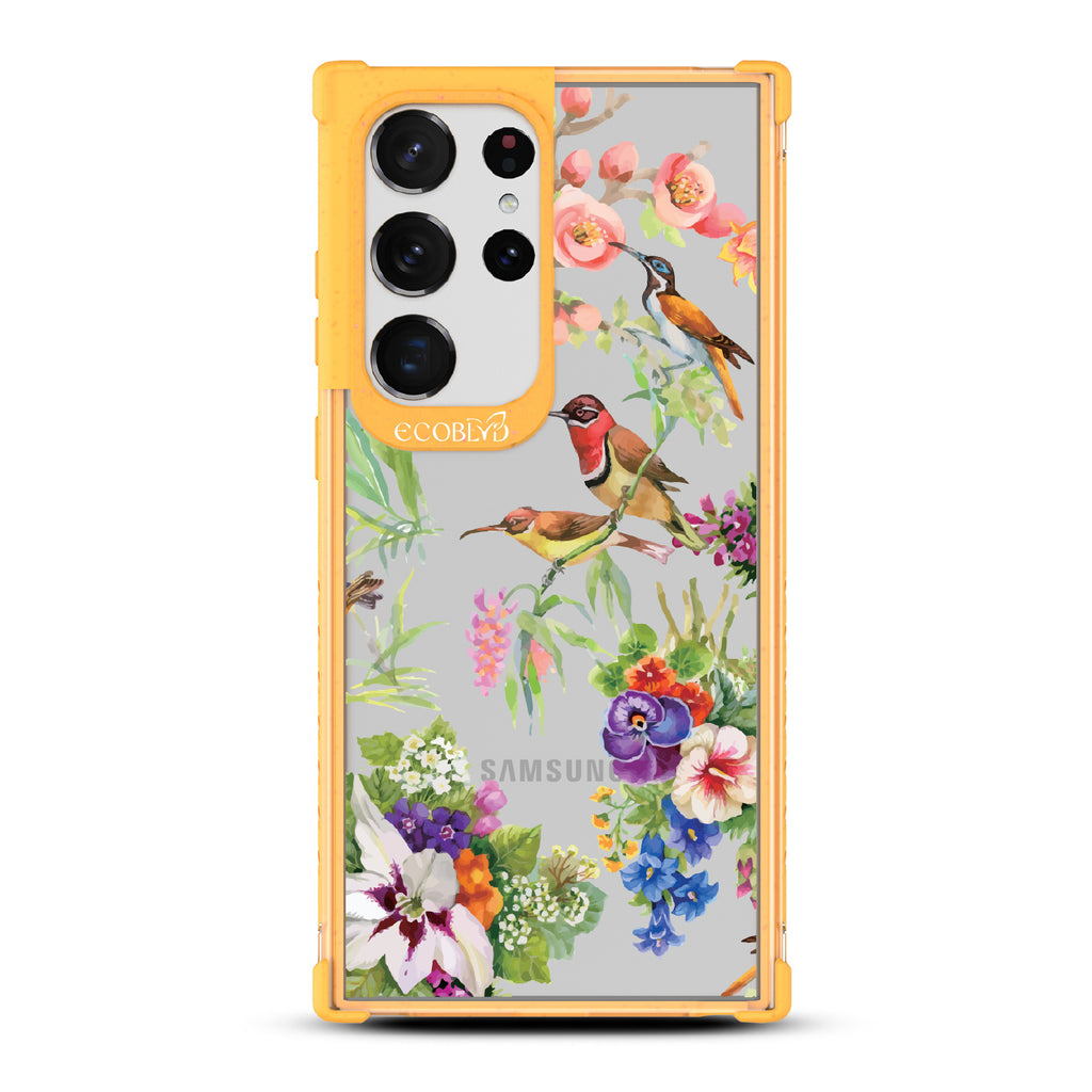 Sweet Nectar - Yellow Eco-Friendly Galaxy S23 Ultra Case With Humming Birds, Colorful Garden Flowers On A Clear Back