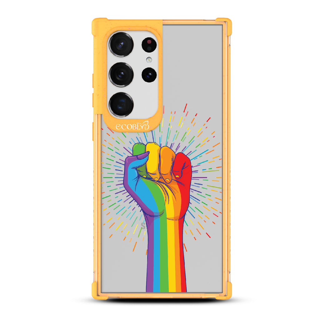 Rise With Pride - Yellow Eco-Friendly Galaxy S23 Ultra Case With Raised Fist In Rainbow Colors On A Clear Back